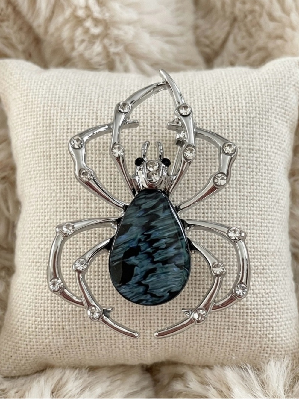Blue Black Spider Brooch Rhinestone Silver Tone Gothic Halloween Arachnid Pin